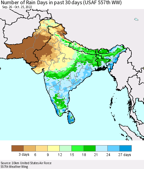 Southern Asia Number of Rain Days in past 30 days (USAF 557th WW) 10/25/2022 Thematic Map For 10/21/2022 - 10/25/2022