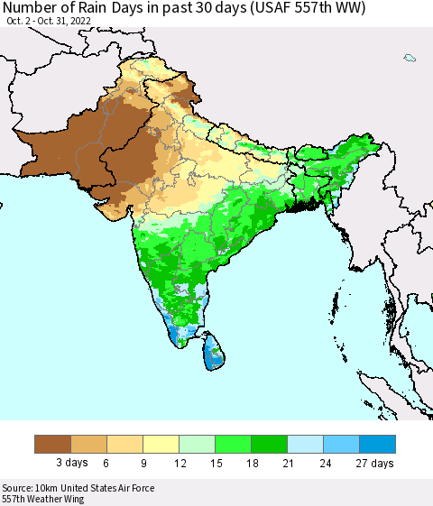 Southern Asia Number of Rain Days in past 30 days (USAF 557th WW) 10/31/2022 Thematic Map For 10/26/2022 - 10/31/2022