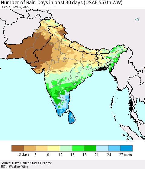 Southern Asia Number of Rain Days in past 30 days (USAF 557th WW) 11/05/2022 Thematic Map For 11/1/2022 - 11/5/2022