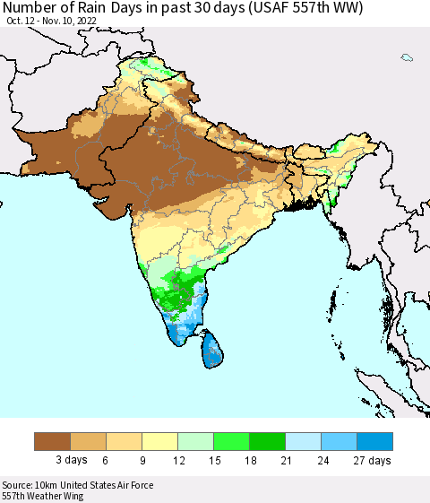 Southern Asia Number of Rain Days in past 30 days (USAF 557th WW) 11/10/2022 Thematic Map For 11/6/2022 - 11/10/2022