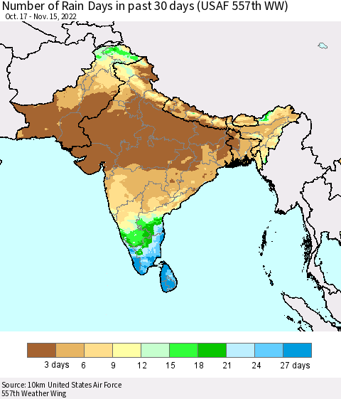 Southern Asia Number of Rain Days in past 30 days (USAF 557th WW) 11/15/2022 Thematic Map For 11/11/2022 - 11/15/2022