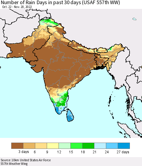 Southern Asia Number of Rain Days in past 30 days (USAF 557th WW) 11/20/2022 Thematic Map For 11/16/2022 - 11/20/2022