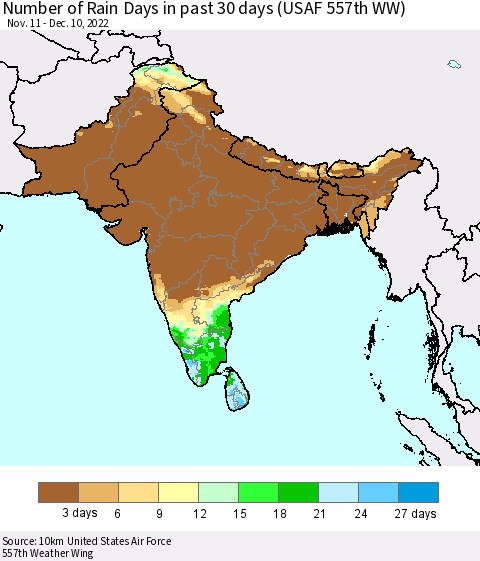 Southern Asia Number of Rain Days in past 30 days (USAF 557th WW) 12/10/2022 Thematic Map For 12/6/2022 - 12/10/2022