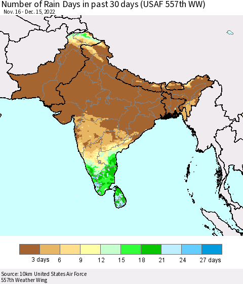 Southern Asia Number of Rain Days in past 30 days (USAF 557th WW) 12/15/2022 Thematic Map For 12/11/2022 - 12/15/2022