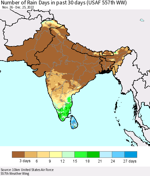 Southern Asia Number of Rain Days in past 30 days (USAF 557th WW) 12/25/2022 Thematic Map For 12/21/2022 - 12/25/2022