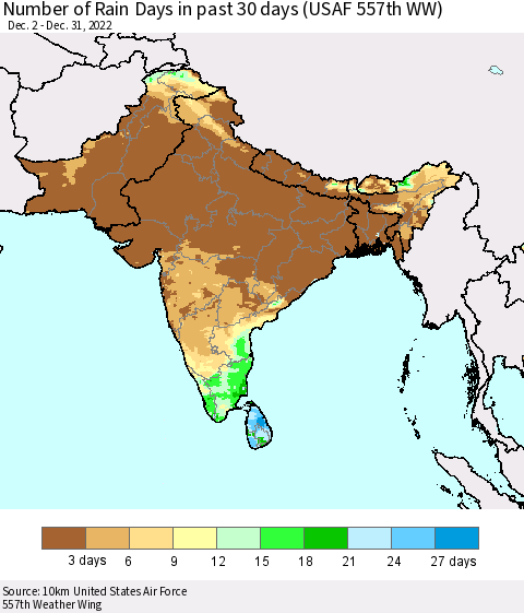Southern Asia Number of Rain Days in past 30 days (USAF 557th WW) 12/31/2022 Thematic Map For 12/26/2022 - 12/31/2022