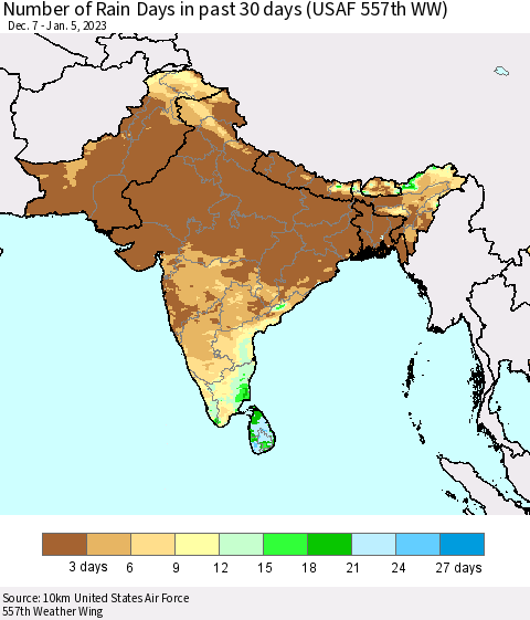 Southern Asia Number of Rain Days in past 30 days (USAF 557th WW) 01/05/2023 Thematic Map For 1/1/2023 - 1/5/2023