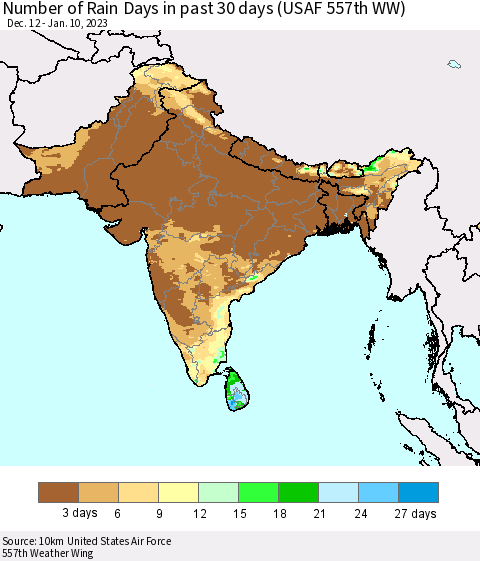 Southern Asia Number of Rain Days in past 30 days (USAF 557th WW) 01/10/2023 Thematic Map For 1/6/2023 - 1/10/2023