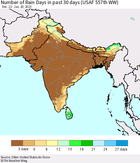 Southern Asia Number of Rain Days in past 30 days (USAF 557th WW) 01/20/2023 Thematic Map For 1/16/2023 - 1/20/2023