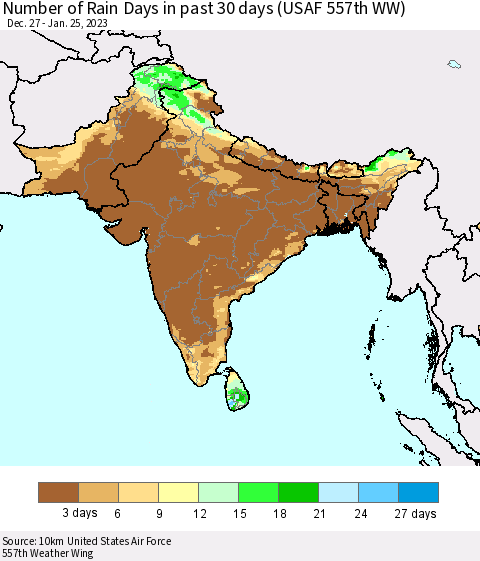Southern Asia Number of Rain Days in past 30 days (USAF 557th WW) 01/25/2023 Thematic Map For 1/21/2023 - 1/25/2023