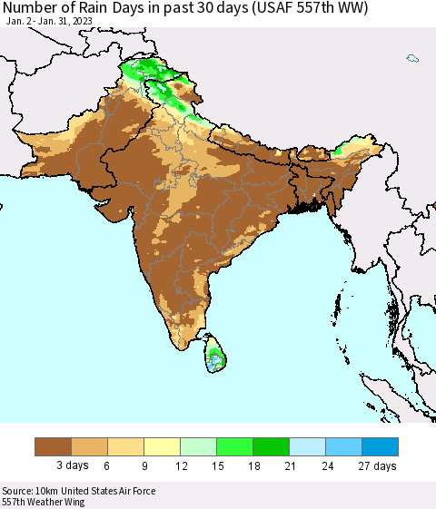 Southern Asia Number of Rain Days in past 30 days (USAF 557th WW) 01/31/2023 Thematic Map For 1/26/2023 - 1/31/2023