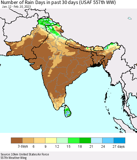 Southern Asia Number of Rain Days in past 30 days (USAF 557th WW) 02/10/2023 Thematic Map For 2/6/2023 - 2/10/2023