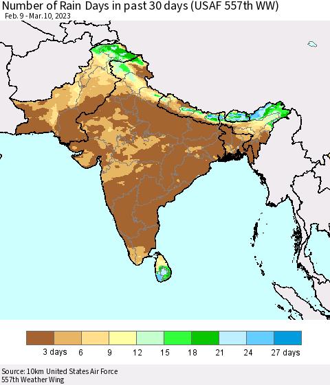 Southern Asia Number of Rain Days in past 30 days (USAF 557th WW) 03/10/2023 Thematic Map For 3/6/2023 - 3/10/2023