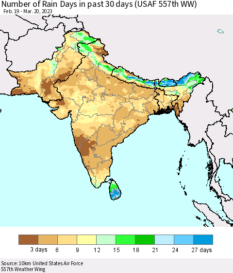 Southern Asia Number of Rain Days in past 30 days (USAF 557th WW) 03/20/2023 Thematic Map For 3/16/2023 - 3/20/2023