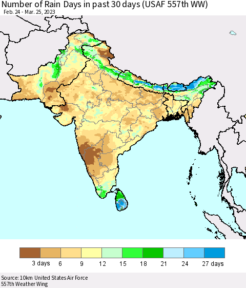 Southern Asia Number of Rain Days in past 30 days (USAF 557th WW) 03/25/2023 Thematic Map For 3/21/2023 - 3/25/2023