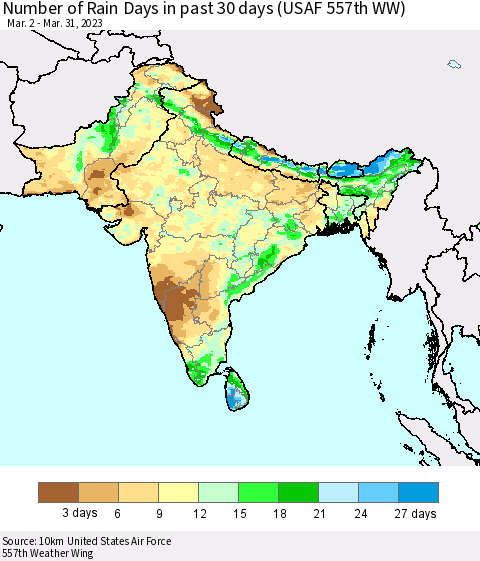 Southern Asia Number of Rain Days in past 30 days (USAF 557th WW) 03/31/2023 Thematic Map For 3/26/2023 - 3/31/2023
