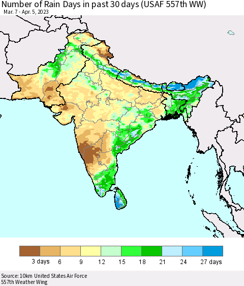 Southern Asia Number of Rain Days in past 30 days (USAF 557th WW) 04/05/2023 Thematic Map For 4/1/2023 - 4/5/2023