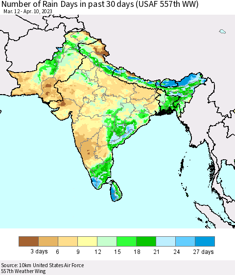 Southern Asia Number of Rain Days in past 30 days (USAF 557th WW) 04/10/2023 Thematic Map For 4/6/2023 - 4/10/2023
