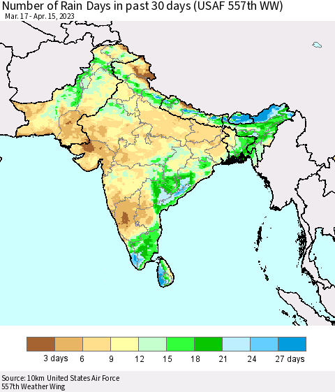 Southern Asia Number of Rain Days in past 30 days (USAF 557th WW) 04/15/2023 Thematic Map For 4/11/2023 - 4/15/2023