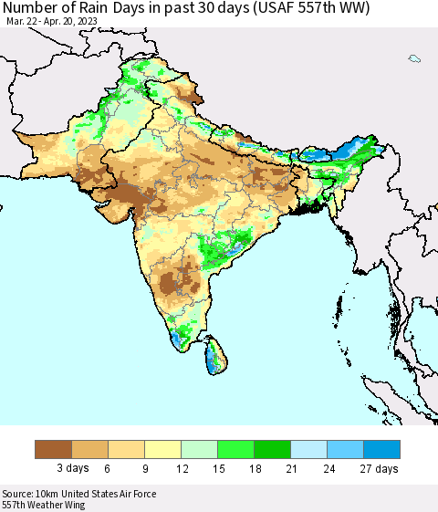 Southern Asia Number of Rain Days in past 30 days (USAF 557th WW) 04/20/2023 Thematic Map For 4/16/2023 - 4/20/2023