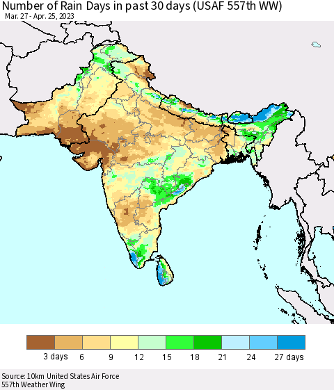 Southern Asia Number of Rain Days in past 30 days (USAF 557th WW) 04/25/2023 Thematic Map For 4/21/2023 - 4/25/2023