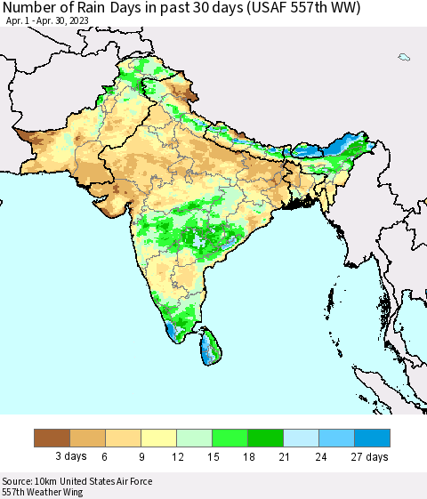 Southern Asia Number of Rain Days in past 30 days (USAF 557th WW) 04/30/2023 Thematic Map For 4/26/2023 - 4/30/2023