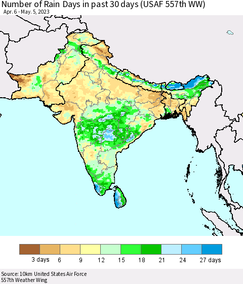 Southern Asia Number of Rain Days in past 30 days (USAF 557th WW) 05/05/2023 Thematic Map For 5/1/2023 - 5/5/2023
