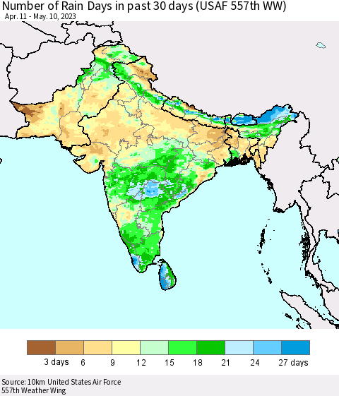 Southern Asia Number of Rain Days in past 30 days (USAF 557th WW) 05/10/2023 Thematic Map For 5/6/2023 - 5/10/2023