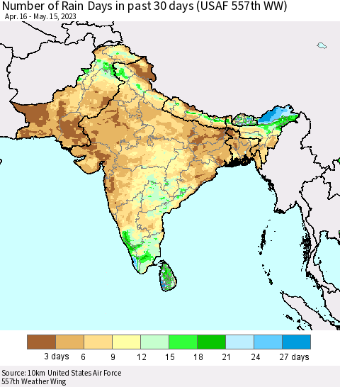 Southern Asia Number of Rain Days in past 30 days (USAF 557th WW) 05/15/2023 Thematic Map For 5/11/2023 - 5/15/2023
