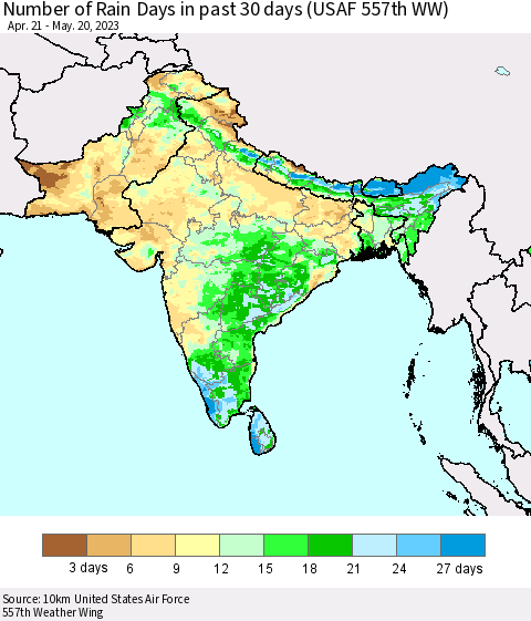 Southern Asia Number of Rain Days in past 30 days (USAF 557th WW) 05/20/2023 Thematic Map For 5/16/2023 - 5/20/2023