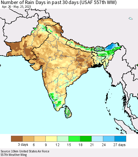 Southern Asia Number of Rain Days in past 30 days (USAF 557th WW) 05/25/2023 Thematic Map For 5/21/2023 - 5/25/2023