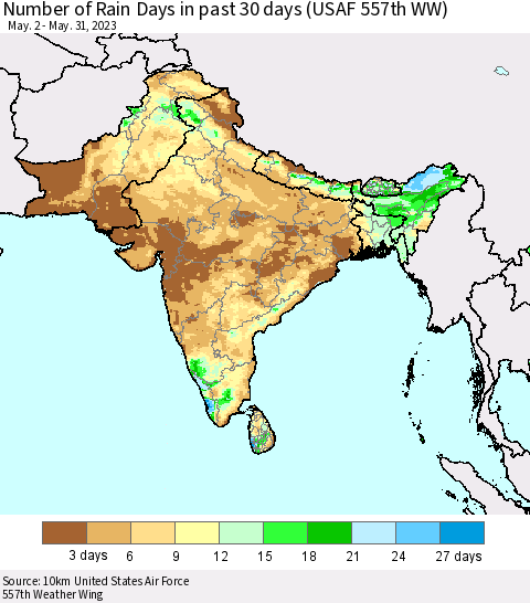 Southern Asia Number of Rain Days in past 30 days (USAF 557th WW) 05/31/2023 Thematic Map For 5/26/2023 - 5/31/2023