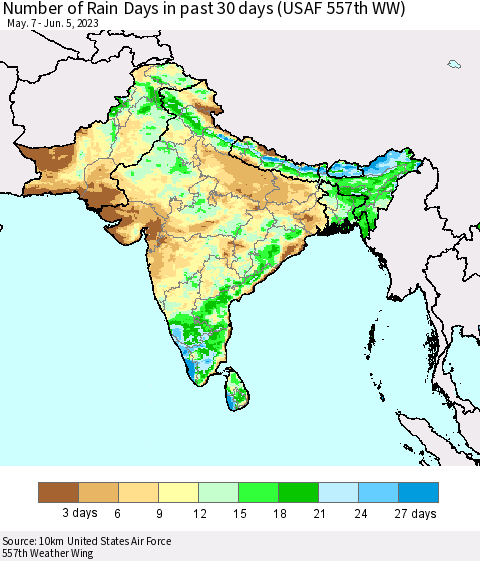 Southern Asia Number of Rain Days in past 30 days (USAF 557th WW) 06/05/2023 Thematic Map For 6/1/2023 - 6/5/2023