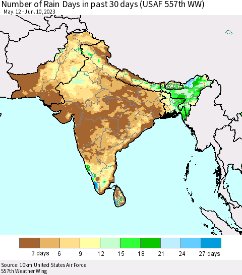 Southern Asia Number of Rain Days in past 30 days (USAF 557th WW) 06/10/2023 Thematic Map For 6/6/2023 - 6/10/2023