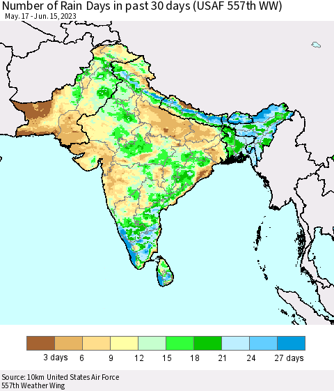 Southern Asia Number of Rain Days in past 30 days (USAF 557th WW) 06/15/2023 Thematic Map For 6/11/2023 - 6/15/2023