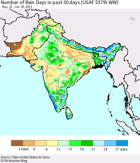 Southern Asia Number of Rain Days in past 30 days (USAF 557th WW) 06/20/2023 Thematic Map For 6/16/2023 - 6/20/2023