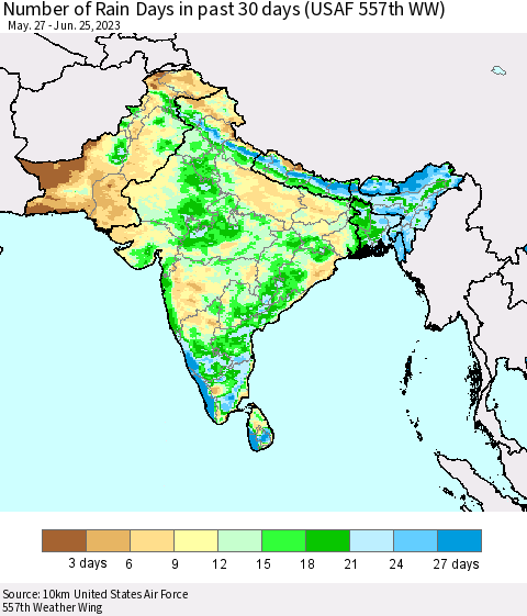 Southern Asia Number of Rain Days in past 30 days (USAF 557th WW) 06/25/2023 Thematic Map For 6/21/2023 - 6/25/2023