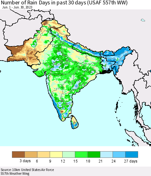 Southern Asia Number of Rain Days in past 30 days (USAF 557th WW) 06/30/2023 Thematic Map For 6/26/2023 - 6/30/2023