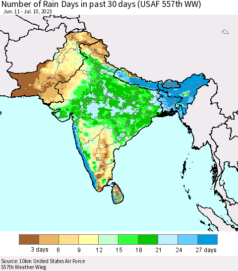 Southern Asia Number of Rain Days in past 30 days (USAF 557th WW) 07/10/2023 Thematic Map For 7/6/2023 - 7/10/2023