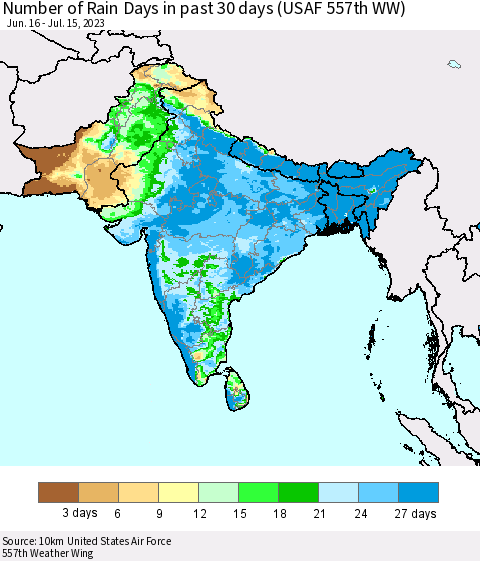 Southern Asia Number of Rain Days in past 30 days (USAF 557th WW) 07/15/2023 Thematic Map For 7/11/2023 - 7/15/2023