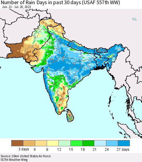 Southern Asia Number of Rain Days in past 30 days (USAF 557th WW) 07/20/2023 Thematic Map For 7/16/2023 - 7/20/2023