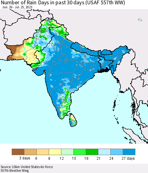 Southern Asia Number of Rain Days in past 30 days (USAF 557th WW) 07/25/2023 Thematic Map For 7/21/2023 - 7/25/2023