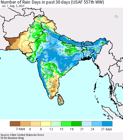 Southern Asia Number of Rain Days in past 30 days (USAF 557th WW) 08/05/2023 Thematic Map For 8/1/2023 - 8/5/2023