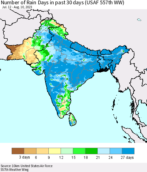 Southern Asia Number of Rain Days in past 30 days (USAF 557th WW) 08/10/2023 Thematic Map For 8/6/2023 - 8/10/2023