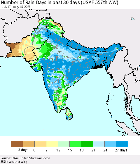 Southern Asia Number of Rain Days in past 30 days (USAF 557th WW) 08/15/2023 Thematic Map For 8/11/2023 - 8/15/2023