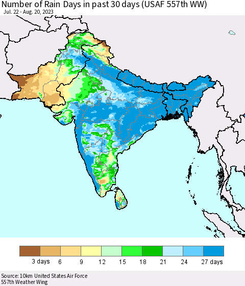 Southern Asia Number of Rain Days in past 30 days (USAF 557th WW) 08/20/2023 Thematic Map For 8/16/2023 - 8/20/2023