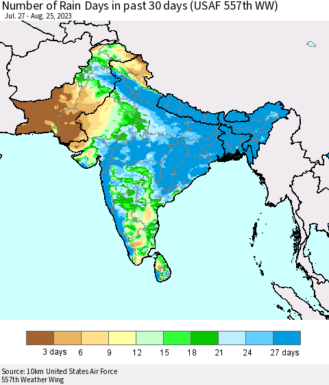 Southern Asia Number of Rain Days in past 30 days (USAF 557th WW) 08/25/2023 Thematic Map For 8/21/2023 - 8/25/2023
