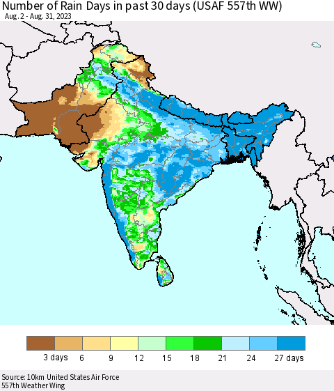 Southern Asia Number of Rain Days in past 30 days (USAF 557th WW) 08/31/2023 Thematic Map For 8/26/2023 - 8/31/2023