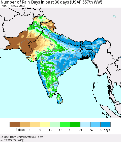 Southern Asia Number of Rain Days in past 30 days (USAF 557th WW) 09/05/2023 Thematic Map For 9/1/2023 - 9/5/2023
