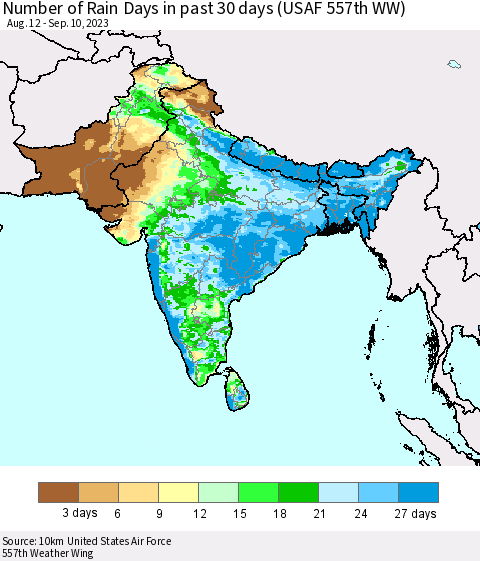 Southern Asia Number of Rain Days in past 30 days (USAF 557th WW) 09/10/2023 Thematic Map For 9/6/2023 - 9/10/2023